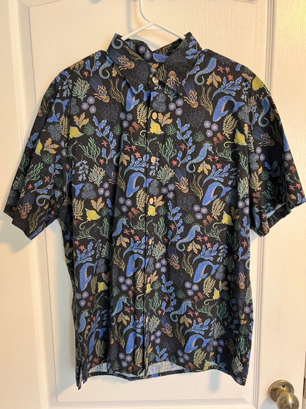 Black Short-Sleeve Button-Down Shirt with Ocean Print